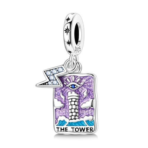SBUTUXC Tarotkarten-Charm-Kollektion aus Sterlingsilber, Emaille-Anhänger mit Kristallen, Große Arkana-Design für Armbänder, Halsketten, 925er Silber (Der Turm-Tarot-Charm) von SBUTUXC