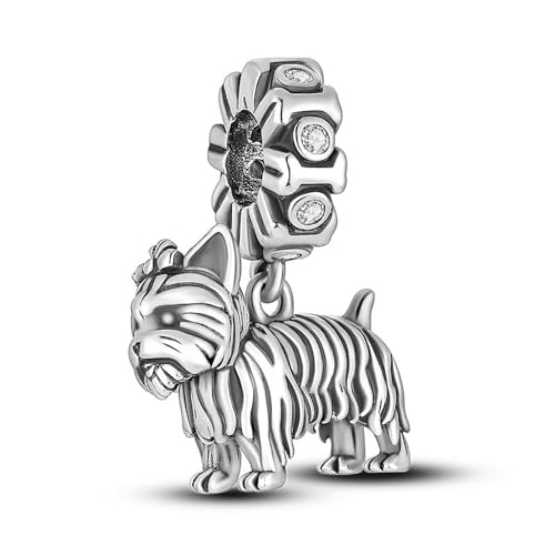 SBUTUXC Yorkshire Terrier Hundeanhänger aus 925er Sterlingsilber, baumelnde Perle mit Kristallakzent für Armband, gestreiftes Design, 2,2 x 1,5 cm SBUTUXC Yorkshire Terrier Hundeanhänger aus 925er Sterlingsilber, baumelnde Perle mit Kristallakzent für Armband, gestreiftes Design, 2,2 x 1,5 cm von SBUTUXC