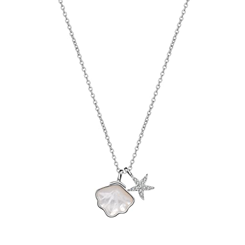SBZIOJHDR Echte 925 Sterling Silber Gliederkette Halskette for Frauen Glänzender Zirkon Seestern Muschel Anhänger Halskette Edler Schmuck(White Color) von SBZIOJHDR
