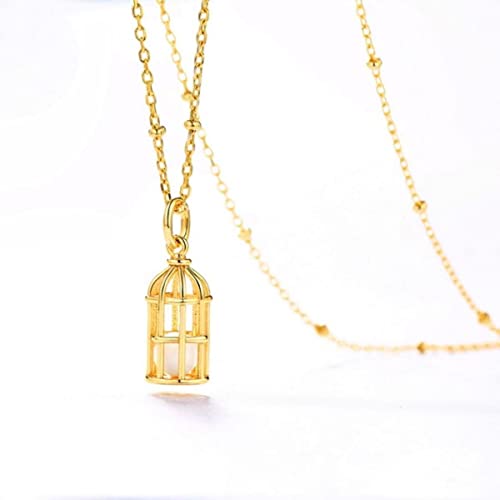 SBZIOJHDR Halskette, 9K Gold Halskette Weißer Achat Edelstein Vogelkäfig S925 Sterling Silber Anhänger Edler Schmuck for Frauen Luxusschmuck von SBZIOJHDR