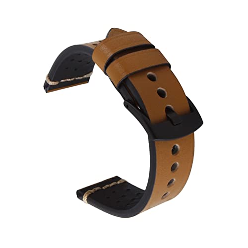 SBZIOJHDR Uhrenarmband, Handgefertigtes Retro-Uhrenarmband aus echtem Leder. Handgenähtes perforiertes Kalbslederarmband(Yellow Brown,24mm) von SBZIOJHDR