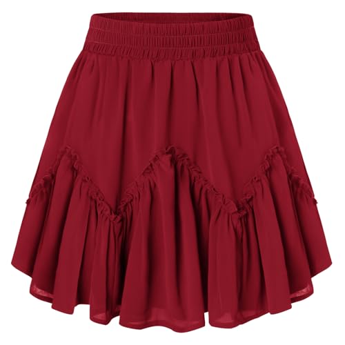2025 Mädchen Mini Rock Chiffon Faltenrock Einfarbig Kurz Skater Röcke für Damen Sommer Rot M von SCARLET DARKNESS