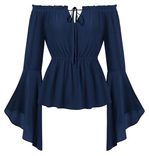 2025 Renaissance Trachtenbluse Schulterfrei Marineblau Blusen Langarm Vintage Piratenkostüm Damen Lace-up Dindl Bluse S von SCARLET DARKNESS