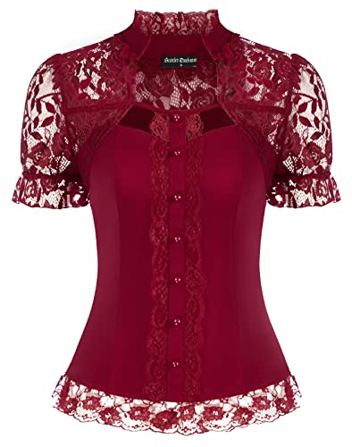 Bluse Damen Vintage Stehkragen Mittelalter Top Festlich Retro Shirt Damen Rotwein XXL von SCARLET DARKNESS