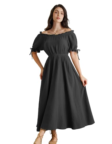 Damen A-Linie Baumwollkleid Renaissance Kurzarm Schulterfrei Mittelalter Kleid mit Taschen S Schwarz von SCARLET DARKNESS