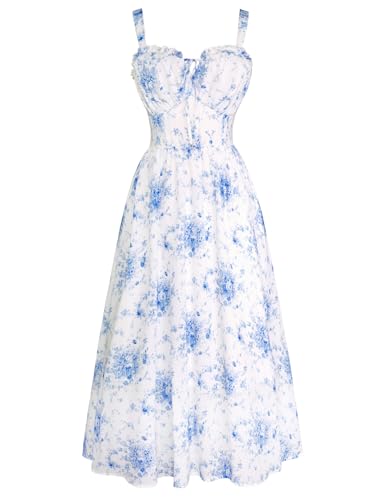 Damen Elegant Sommerkleid A-Linie Freizeitkleid Spaghettiträger Strand Blaues Blumen Kleider Maxi Casual Kleider M von SCARLET DARKNESS