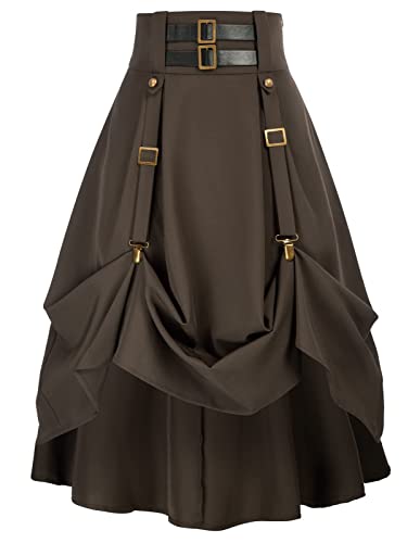 Damen Goth Steampunk Rock High Waist Stretch Midi A-Linie Rock mit Taschen S-2XL, braun, Groß von SCARLET DARKNESS