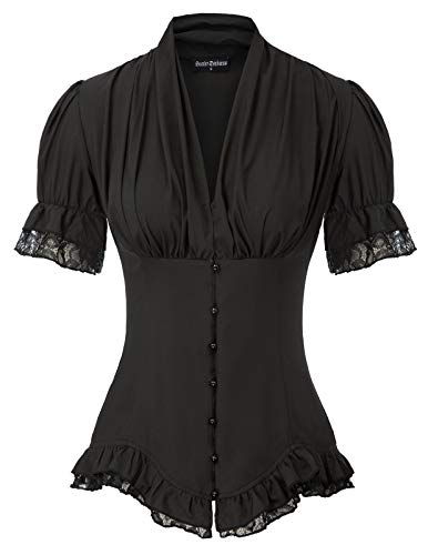 SCARLET DARKNESS Damen Steampunk Bluse Kurzarm V-Ausschnitt mit Rüschen Schnürrücken Gothic Tunika 2XL Schwarz von SCARLET DARKNESS