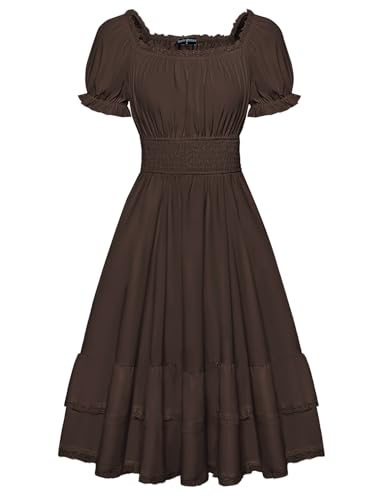 Damen Gothic Rockabilly Kleid Kurzarm A-Linien mit Spitzen Flowy Swingkleid Dunkelbraun L von SCARLET DARKNESS