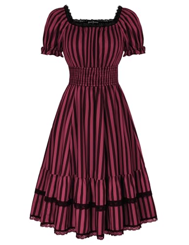 Damen Gothic Rockabilly Kleid Kurzarm A-Linien mit Spitzen Flowy Swingkleid Rot Schwarz L von SCARLET DARKNESS