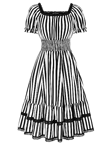 Damen Gothic Rockabilly Kleid Mittelalter A-Linien Kurzarm mit Spitzen Rokoko Kleid Schwarz Weiß L von SCARLET DARKNESS