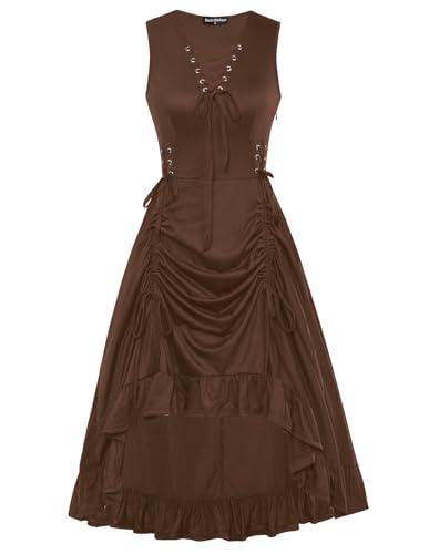 Damen Gothic Slip-Kleid High-Low Saum V-Ausschnitt mit Bändern A-Linie Lange Freizeitkleider Braun L von SCARLET DARKNESS