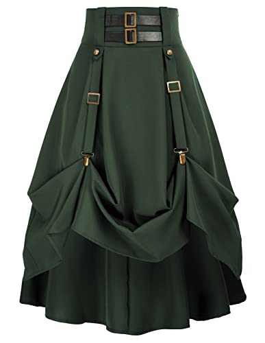 Damen Gothic Steampunk Rock Hohe Taille Pirat Midi A-Linie Rock mit Taschen S-2XL, Grün (Army Green), X-Groß von SCARLET DARKNESS