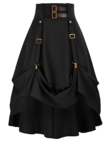 Damen Gothic Steampunk Rock Hohe Taille Pirat Midi A-Linie Rock mit Taschen S-2XL, Schwarz, XX-Large von SCARLET DARKNESS