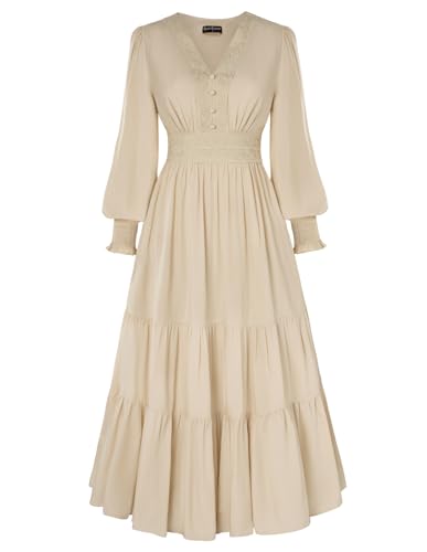 Damen Historisches Langes Kleid V-Ausschnitt Mittelalterlich A-Linie Plissierte Taille Kleider Camel XXL von SCARLET DARKNESS