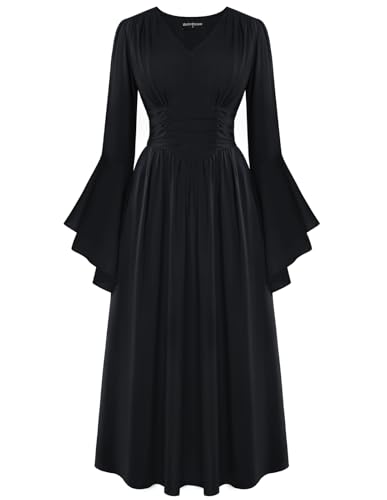 Damen Kleider Herbst Winter Rockabilly Vintage Schwarzes Kleid Lang Glockenärmel A-Linie Elegant Party Ballkleider M von SCARLET DARKNESS