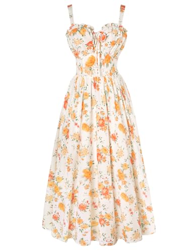 Damen Leicht Chiffonkleid Cottagecore Retro Festlich Sommerkleid Elegant A-Linie Weiß-Orange Blumen Kleid Maxikleid XXL von SCARLET DARKNESS