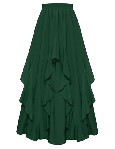 Damen Maxirock mit Taschen Chiffon Rüschensaum Elastische Taille A-Linie Dunkelgrün Steampunk Rock S von SCARLET DARKNESS