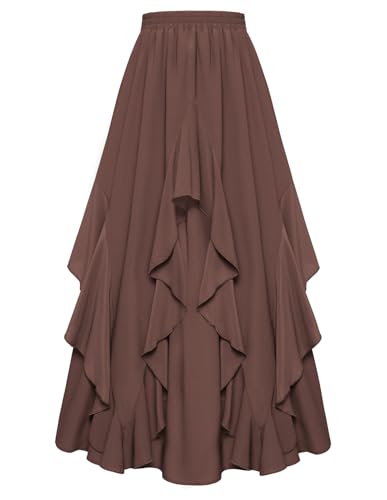 Damen Maxirock mit Taschen Chiffon Rüschensaum Elastische Taille A-Linie Kaffee Steampunk Rock S von SCARLET DARKNESS