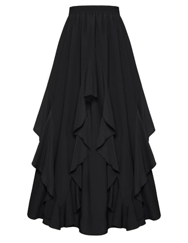 Damen Maxirock mit Taschen Chiffon Rüschensaum Elastische Taille A-Linie Schwarz Steampunk Rock S von SCARLET DARKNESS