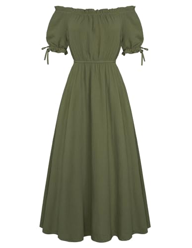 Damen Mittelalter A-Linie Baumwollkleid Schulterfrei Renaissance Rüschenkleid mit Taschen L Armeegrün von SCARLET DARKNESS