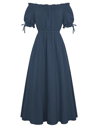 Damen Mittelalter A-Linie Baumwollkleid Schulterfrei Renaissance Rüschenkleid mit Taschen L Dunkelblau von SCARLET DARKNESS