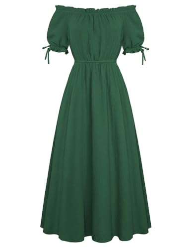 Damen Mittelalter A-Linie Baumwollkleid Schulterfrei Renaissance Rüschenkleid mit Taschen L Grün von SCARLET DARKNESS