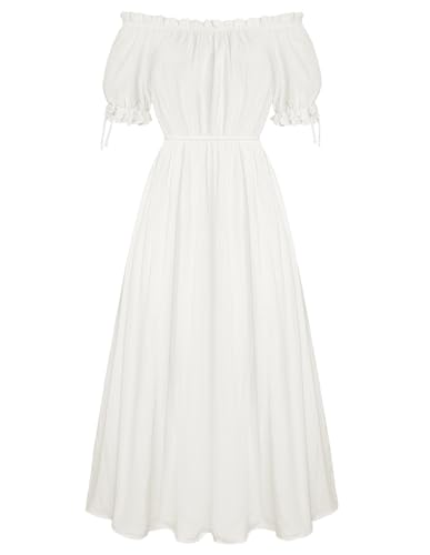 Damen Mittelalter A-Linie Baumwollkleid Schulterfrei Renaissance Rüschenkleid mit Taschen L Weiß von SCARLET DARKNESS