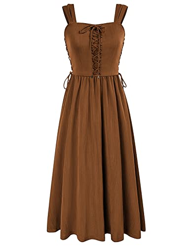 Damen Mittelalter A-Linie Kleid Ärmellos Square Neck Gothic Spaghetti Kleid mit Taschen L Braun von SCARLET DARKNESS