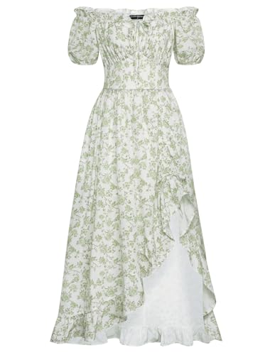 Damen Mittelalter A-Linie Kleid Kurzarm Square Neck Blumen Rüschenkleid mit Taschen Grün Druck auf Weiß L von SCARLET DARKNESS