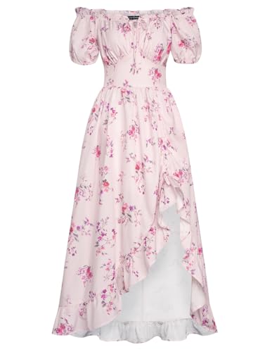 Damen Mittelalter A-Linie Kleid Kurzarm Square Neck Blumen Rüschenkleid mit Taschen Rot Druck auf Rosa L von SCARLET DARKNESS