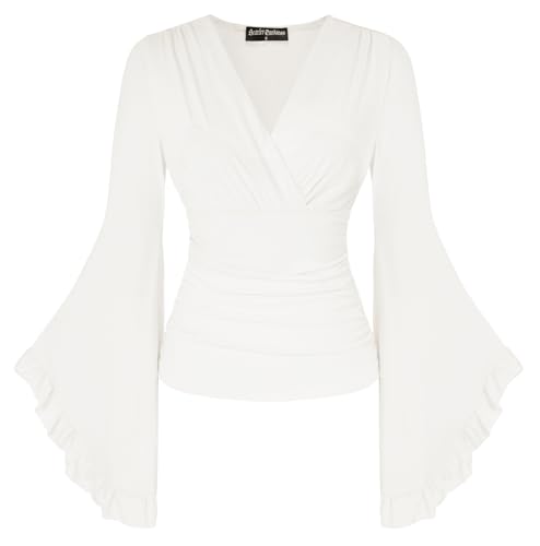 Damen Mittelalter Camenbluse Einfarbig Unregelmäßig Langarm Country Shirt Beige M von SCARLET DARKNESS