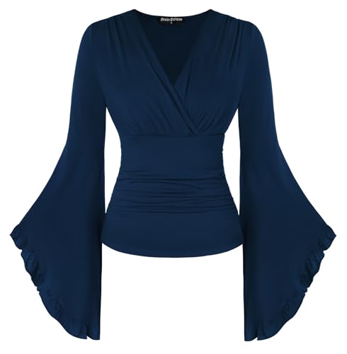 Damen Mittelalter Camenbluse Einfarbig Unregelmäßig Langarm Country Shirt Dunkelblau M von SCARLET DARKNESS