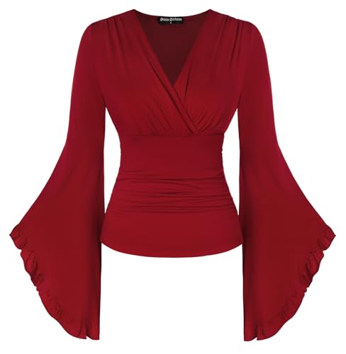 Damen Mittelalter Camenbluse Einfarbig Unregelmäßig Langarm Country Shirt Rotwein M von SCARLET DARKNESS