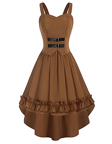 Damen Mittelalter Kleid Ärmellos A-Line High Low Design mit Rüschen Gothic Kleid XL Dunkelbraun von SCARLET DARKNESS