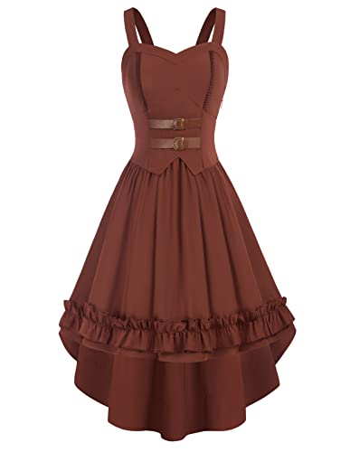 Damen Mittelalter Kleid Ärmellos A-Line Kleid High Low Design Mit Rüschen Gothic Kleider XL Rotbraun von SCARLET DARKNESS