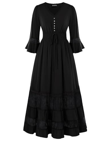 Damen Mittelalter Kleid Lang A-Linie V-Ausschnitt Elastische Taille Lässiges Kleid Schwarz XL von SCARLET DARKNESS