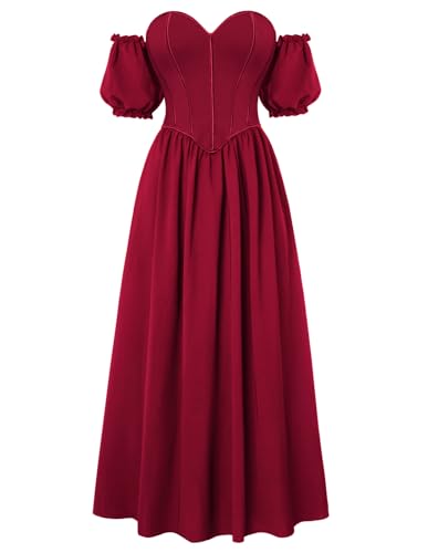 Damen Mittelalter Kleid Schulterfrei Puffärmel Herzausschintt A-Linien Party Kleider Rot 40 von SCARLET DARKNESS