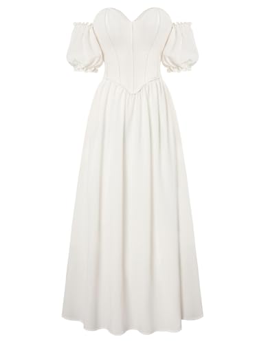 Damen Mittelalter Kleid Schulterfrei Puffärmel Herzausschintt A-Linien Party Kleider Weiß 40 von SCARLET DARKNESS