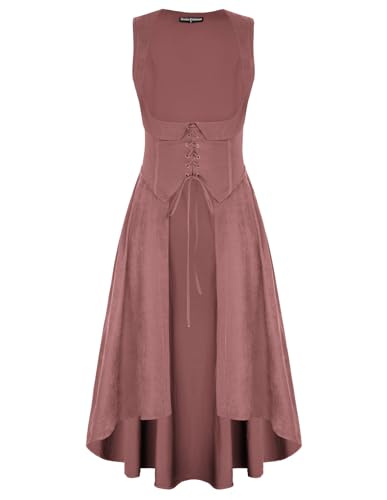 Damen Mittelalter Kleider High-Low U-Hals A-Linie Lace-up vorne Ärmellos Elegantes Halloween Partykleid Rosa XXL von SCARLET DARKNESS