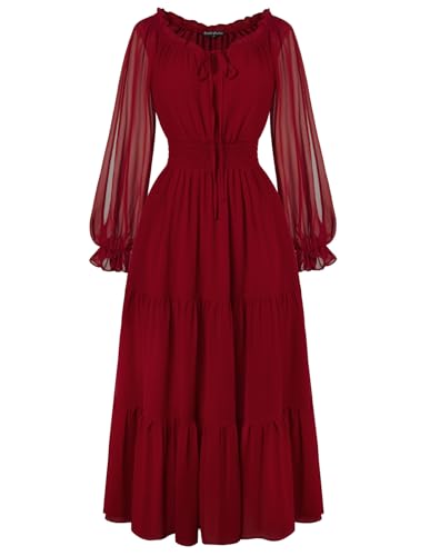 Damen Mittelalter Kleider Hohe Taille Langarm Corsagenkleid Schulterfrei Ballkleider Weinrot XXL von SCARLET DARKNESS