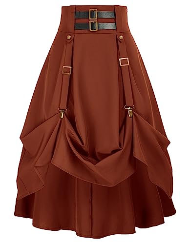 Damen Mittelalter Knielang Rock Midi Einstellbare Frontlänge Hohe Taille Midi Röcke Rotbraun S von SCARLET DARKNESS