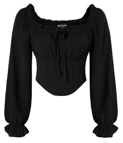 Damen Mittelalter Korsett Oberteil Lang Laternenärmel Crop Top Elastische Taille Vintage Bluse Schwarz L von SCARLET DARKNESS