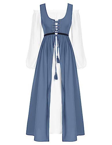 SCARLET DARKNESS Damen Gothic Corsagenkleid Lace-Up Rundhals Ausschnit mit Taschen Two Piece Set Grau Blau M von SCARLET DARKNESS