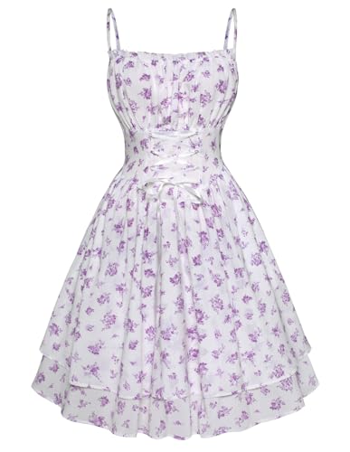 Damen Vintage Minikleid Korsett Floral Print Party Flowy Swing Kleid Weiß Lila Blumen XL von SCARLET DARKNESS