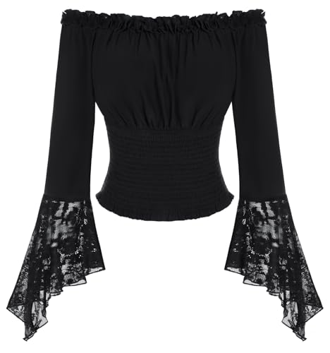 Damen Mittelalter Oberteil Langarm mit Spitze Off Shoulder Gesmokte Taille Vintage Trachtenbluse Schwarz L von SCARLET DARKNESS