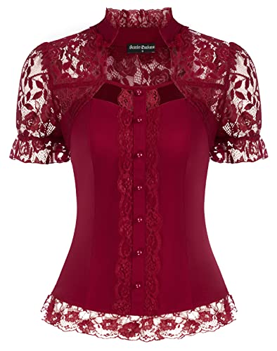 Damen Mittelalter Spitzenshirt Stehkragen Slim T-Shirt Kurzarm Oberteile Rotwein S von SCARLET DARKNESS