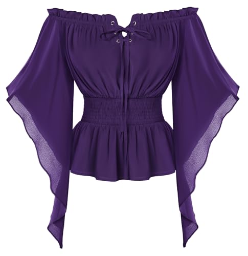 Damen Mittelalter Trachtenbluse Vintage Gesmokt Hohe Taille Peasant Shirt Lila M von SCARLET DARKNESS