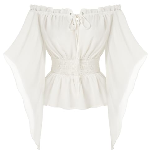 Damen Mittelalter Trachtenbluse Vintage Gesmokt Hohe Taille Peasant Shirt Weiß M von SCARLET DARKNESS