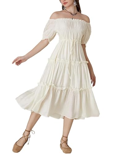 Damen Mittelalter Trachtenkleid A-Linie Puffärmel Off-Shoulder Gestuft Maxikleid Beige L von SCARLET DARKNESS